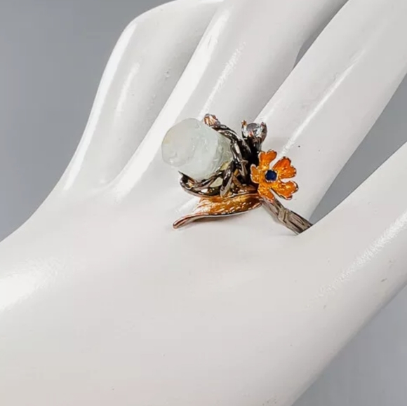 All Natural Aquamarine pillar Gemstone .925 Silver w/sapphire & Aquamarine sz8 - Picture 6 of 14